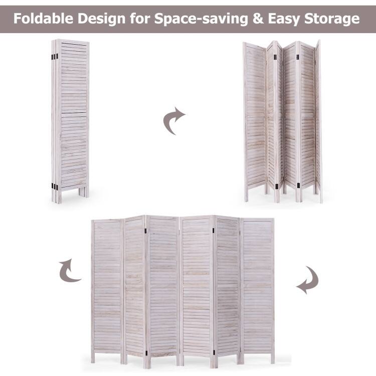 Six Panel Wooden Room Divider Screen with Louvered Slats - 96.0" x 0.8" x 67.0"(L x W x H)
