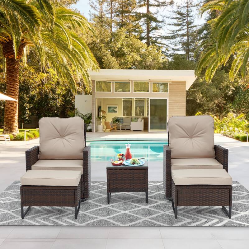 AVAWING 5 PCS Outdoor Wicker Swivel Rocking Chairs with 2 Ottomans and 1 Side Table