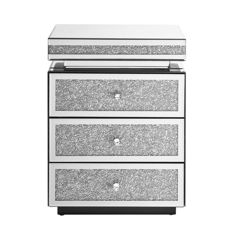 Mirrored Nightstand with 3 Drawers, Silver Nightstand with Crystal Inlay, Mirror End Table, Modern Bedside Table, Glass Table
