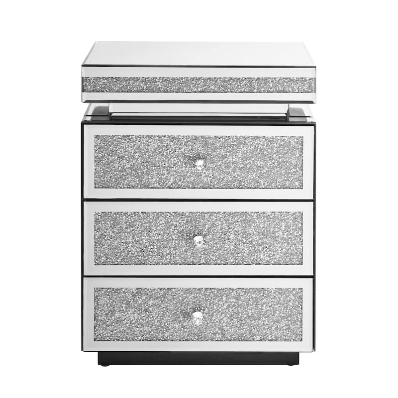 Mirrored Nightstand with Drawers, Couch Side Table with Crystal Pulls, Living Room Side Table with Crushed Decorate
