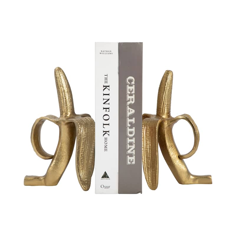 Decorative Metal Banana Sculptures Bookends - Modern Home - 11", Gold - 11.0"