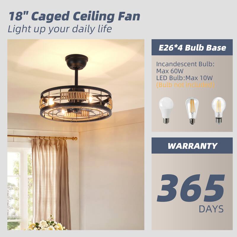 18 in. Indoor Caged Ceiling Fan with Lights, Reversible DC Motor and Remote Control for Small Bedroom
