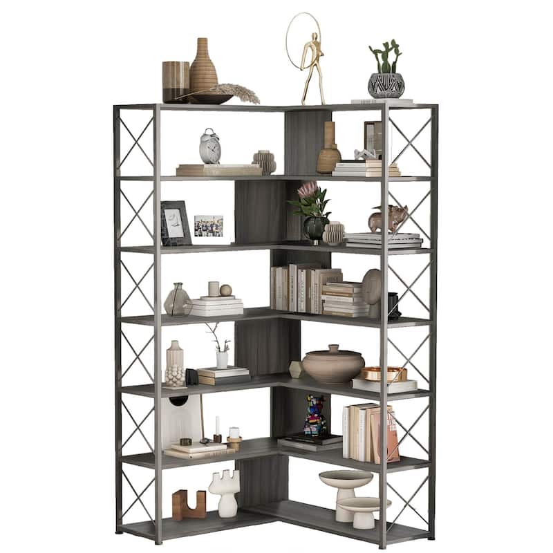 Industrial 7-Tier L-Shaped Corner Bookcase Home Office Bookshelf