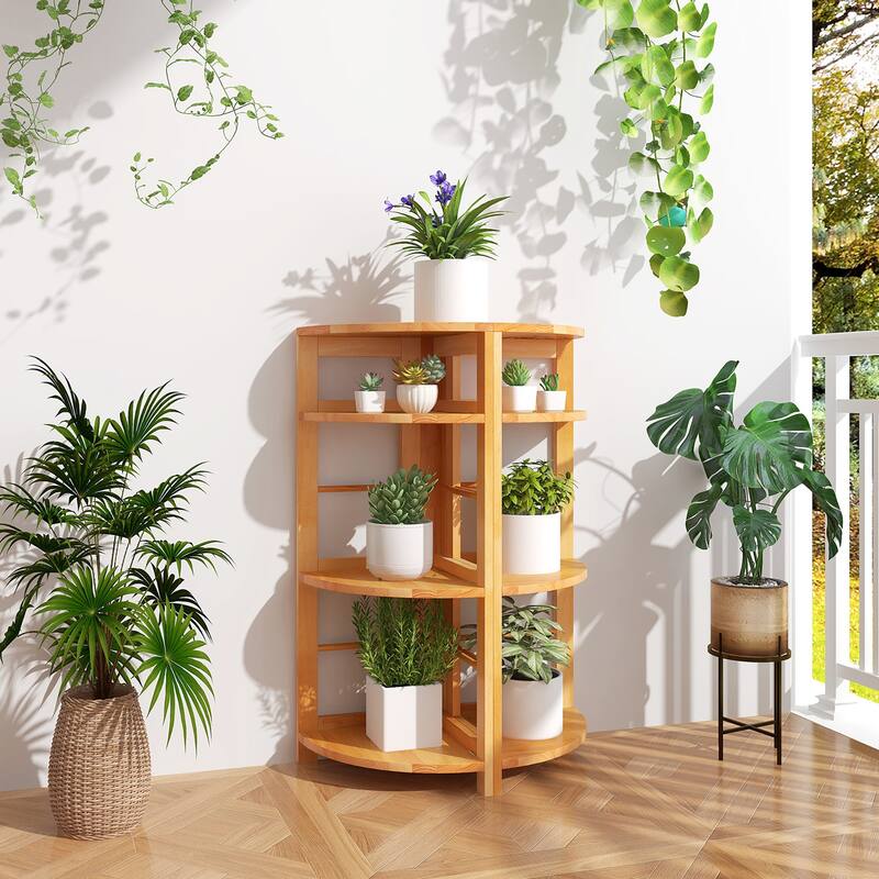 Gymax 2PCS 4-Tier Corner Shelf w/ Rubber Wood Frame Anti-Toppling Kit