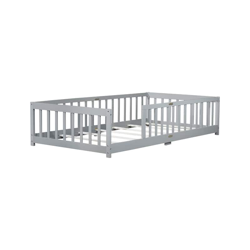 Twin Size Floor Bed with Fence without Door, Rubber Wood Floor Bed with Safety Guardrails