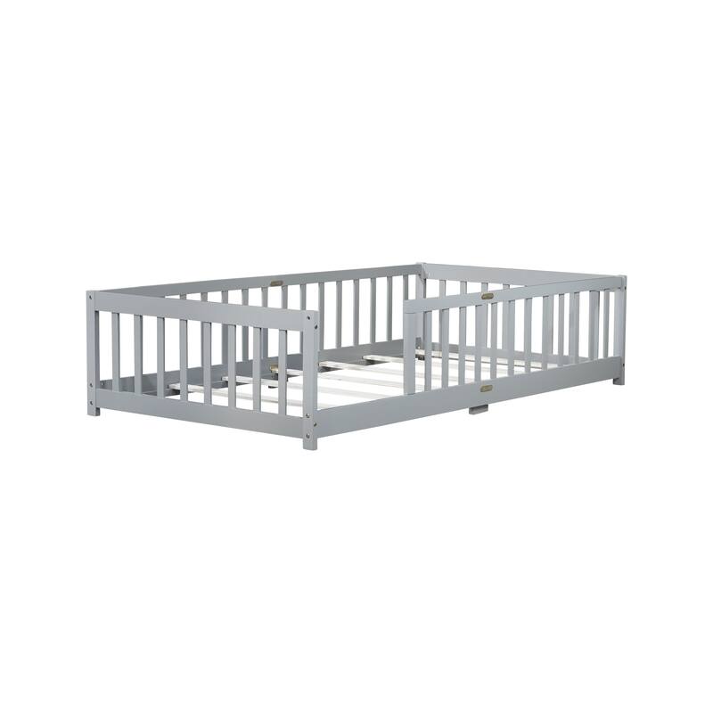 Twin Size Grey Rubber Wood Floor Bed with Safety Fence for Kids, No Door Design