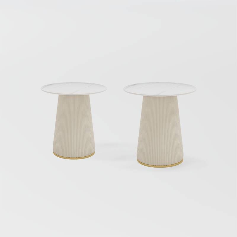 14.96" Modern Light Luxury Side Table, Glossy Sintered Stone Tabletop, Metal Base, White - White - 2 Pieces