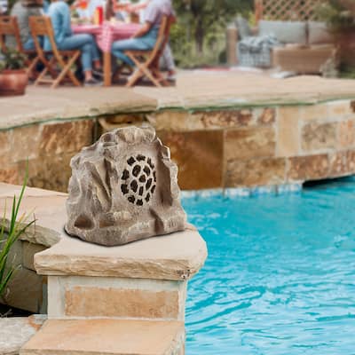 Alpine Corporation Weather-resistant Bluetooth Solar-Powered Outdoor Wireless Rock Speaker, Brown