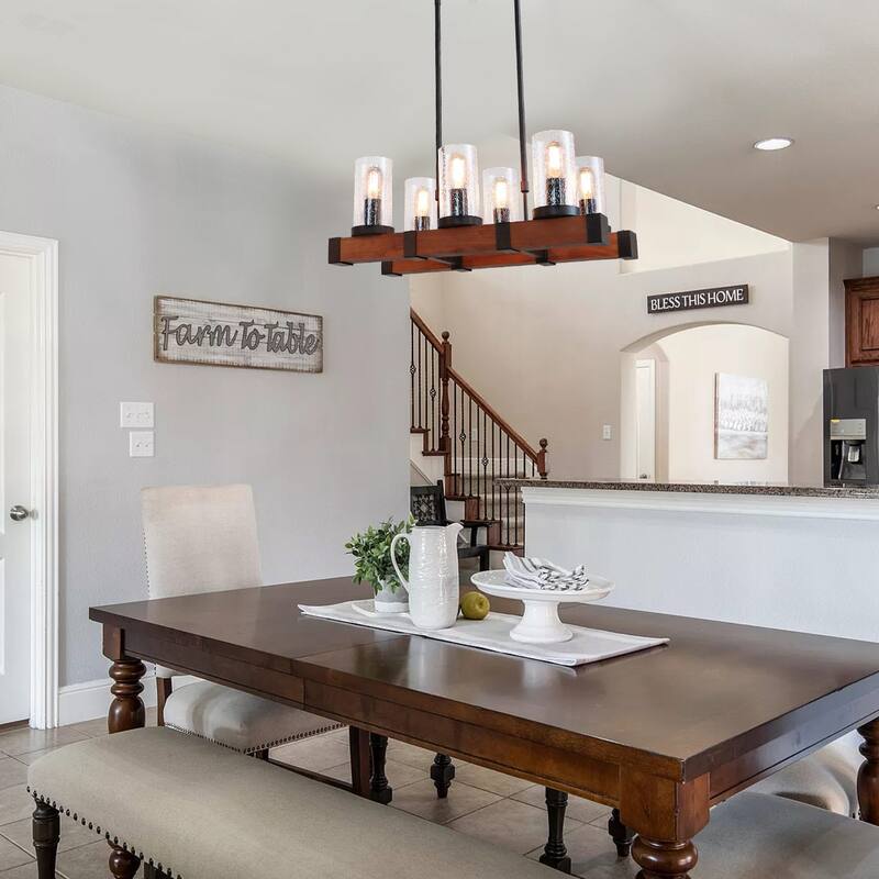 Anmytek Modern Farmhouse 6-Light Wood Black Chandelier Linear Kitchen Island Lights with Cylinder Glass