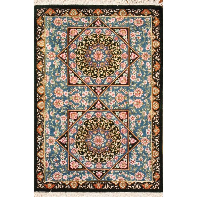 Pasargad Home Qum Collection Hand-Knotted Pure Silk Area Rug- 1'10" X 2' 8" - 1'10" X 2' 8"