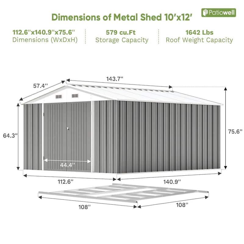 Patiowell 10' x 12' &10' x 14' Metal Outdoor Storage Shed with Floor Frame for Garden, Backyard, Patio