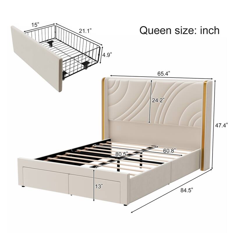 Modern Velvet Upholstered Platform Bed LED Bed Frame with Storage Drawers