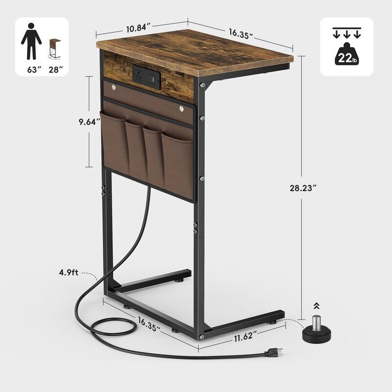 C Shaped End Table with Charging Station - 16.35"D x 10.84"W x 28.23"H