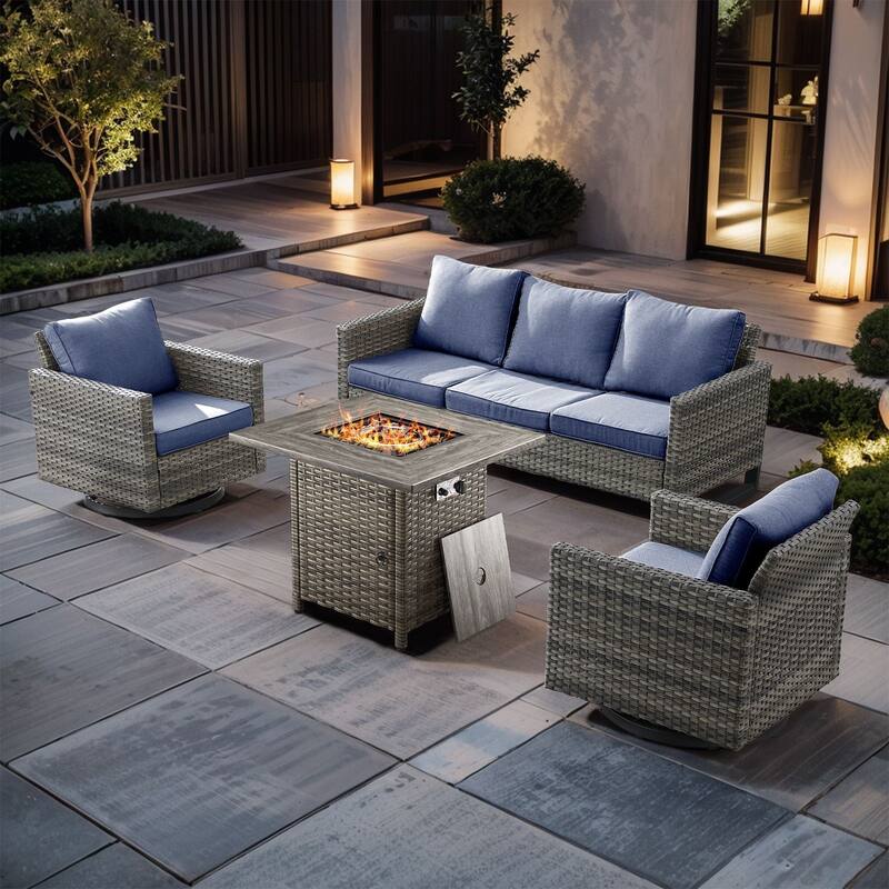 4 Pieces Fire Pit Table with Sofa Swivel Chair Set - Gray Wicker - Blue cushion