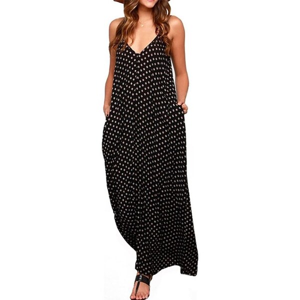 Women V-Neck Polka Dot Print Spaghetti Strap Boho Long Maxi Dresses