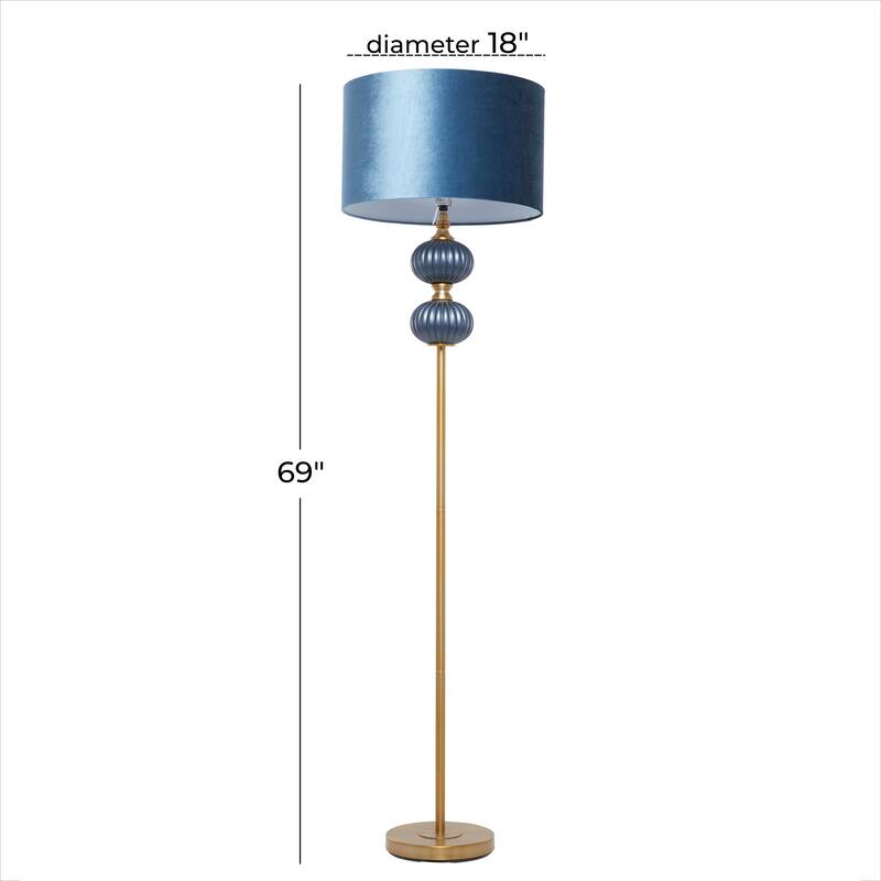 Blue Fabric Ribbed Room Floor Lamp with Velvet Shade and Gold Accents