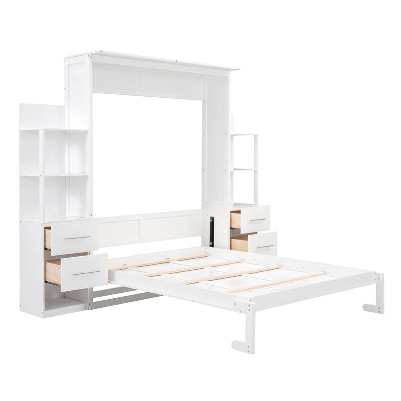 Modern Queen Size Murphy Bed with Shelves, Drawers & LED Night Light - Ideal for Multi-Functional Spaces