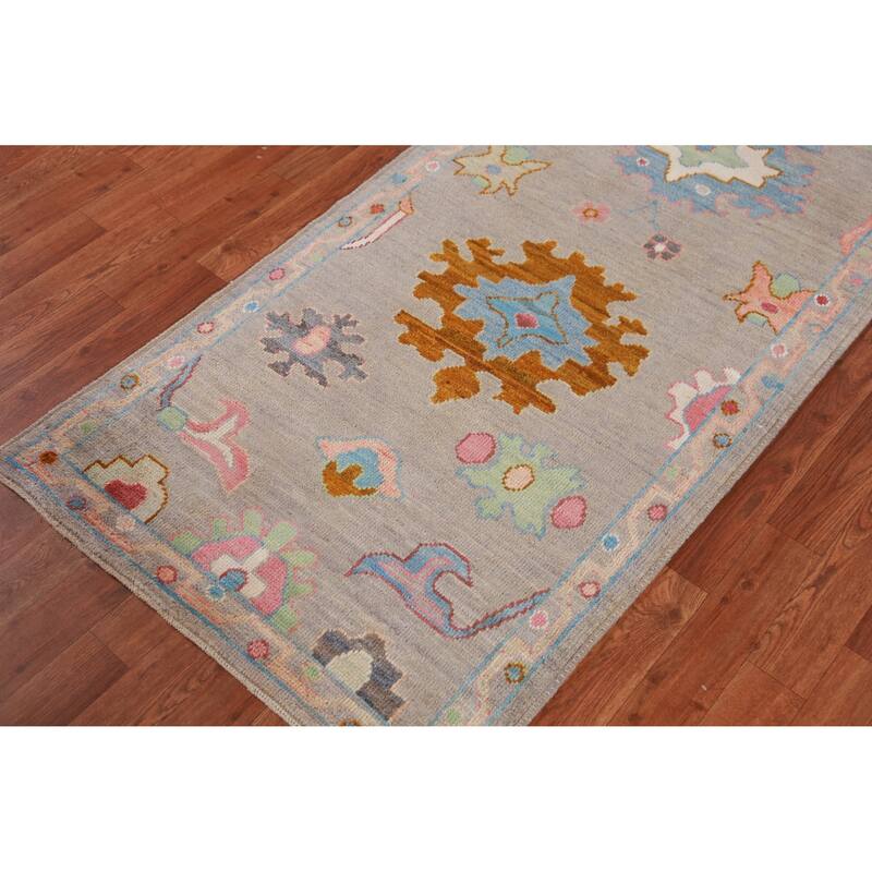 Hand Knotted Oriental 100% Wool Carpet Transitional Floral Greys & Charcoal Oushak Runner Rug - 9' 11'' X 2' 9''