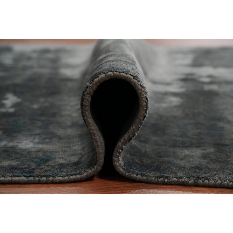 Hand Knotted Oriental Viscose Silk Carpet Modern Floral Greys & Charcoal Abstract Area Rug - 5' 11'' X 3' 9''