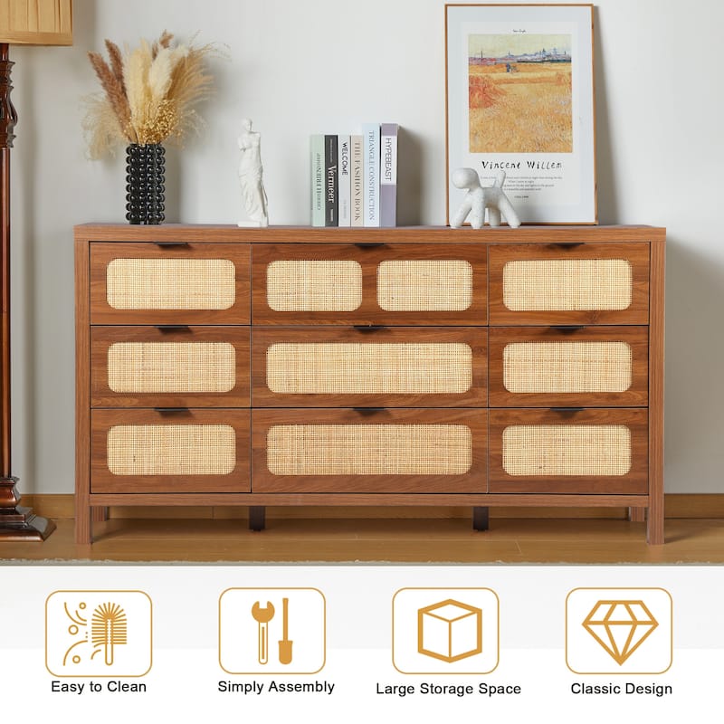 Wooden Rattan Woven 9-Drawer Storage Dresser/Chest of Drawers