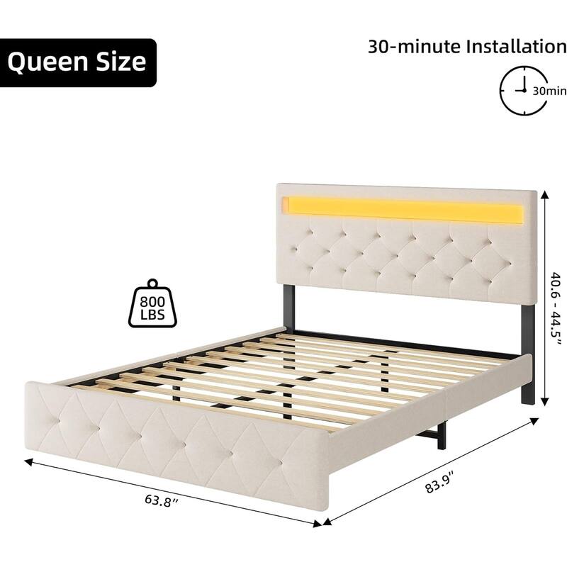 Upholstered Bed Frame with Storage Headboard, LED Lights, Charging Station & Wood Slats, Easy Assembly