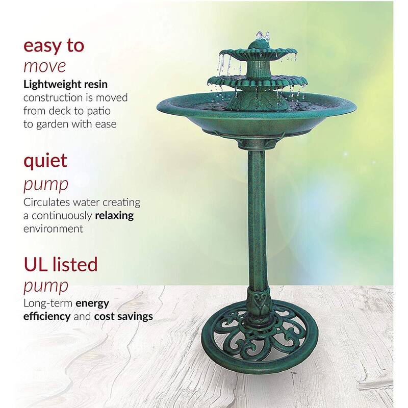 Alpine Corporation TEC106 35" Green Outdoor 3 Tier Pedestal Water Fountain and Birdbath