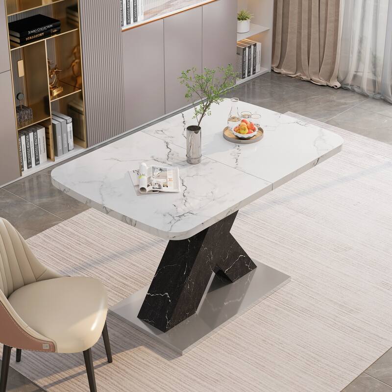 Modern Square Dining Table, Stretchable, with X-Shape Table Leg with Metal Base