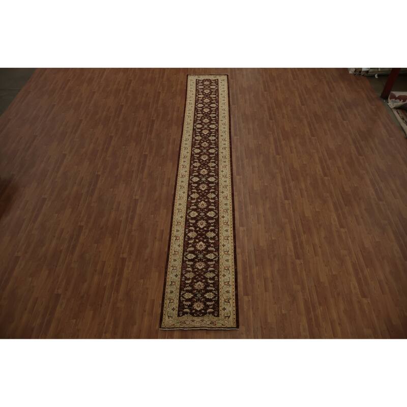 Hand Knotted Oriental 100% Wool Carpet Traditional Floral Brown Peshawar Runner Rug - 18' 0'' X 2' 10''