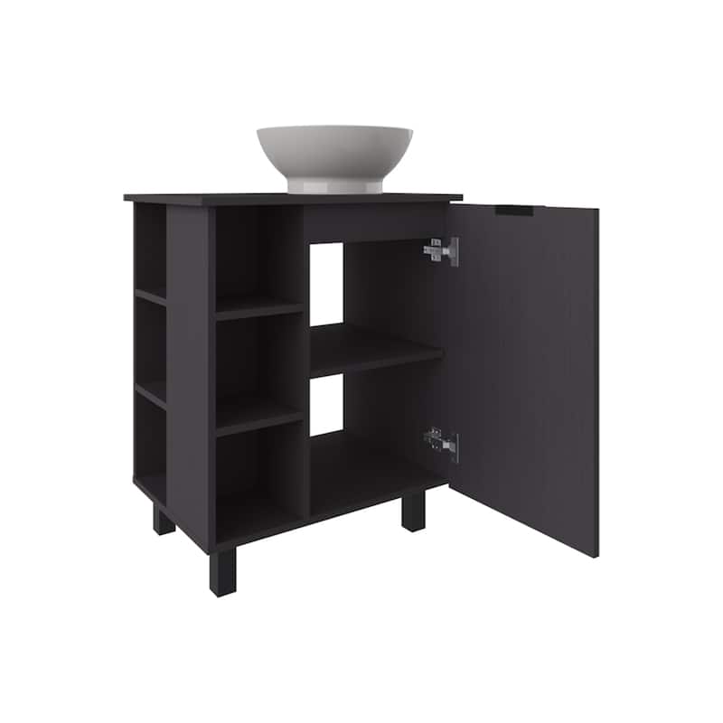 Compact bathroom vanity with open shelves