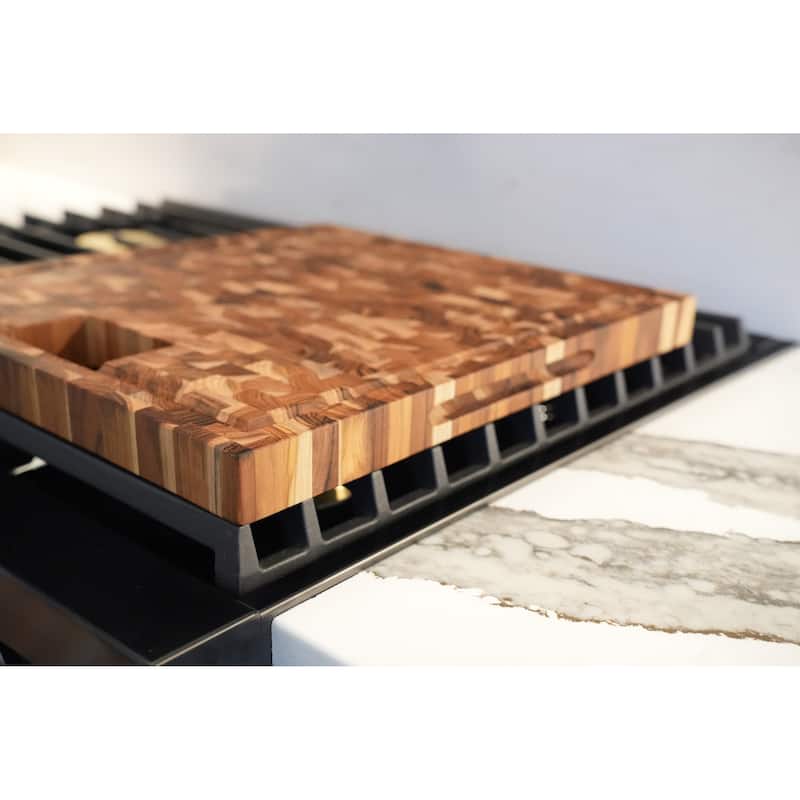 EcoDecors, Teak End Grain Cutting Board 17" x 18" FSC Teak Butcher Block, Juice Groove, Waste Chute, Handles