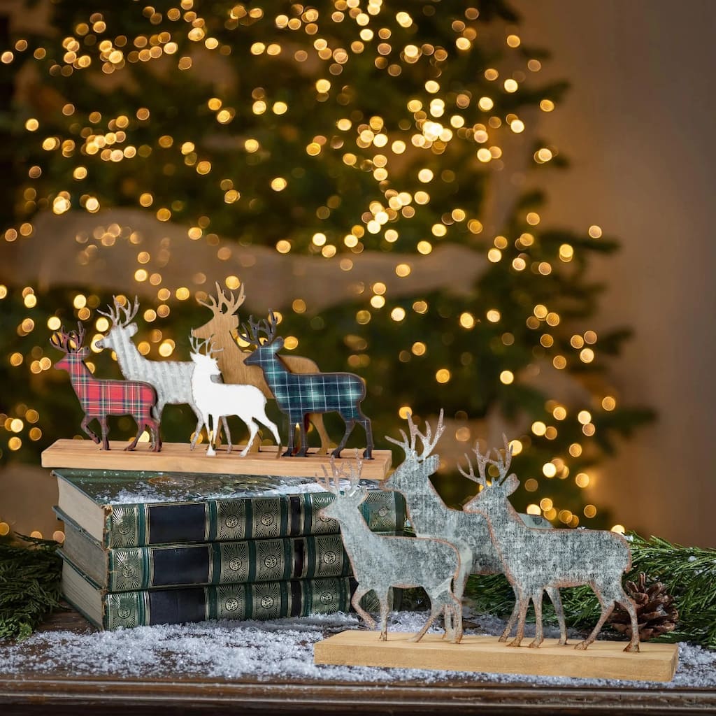 Glitzhome Christmas Galvanized Metal Wooden Reindeer Figurine Table Decor