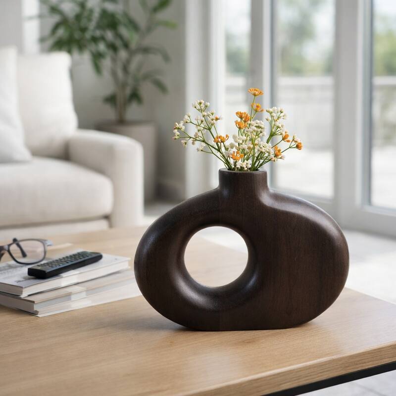 Mango Wood Modern Vase with Round Cutout Silhouette Minimalist Design