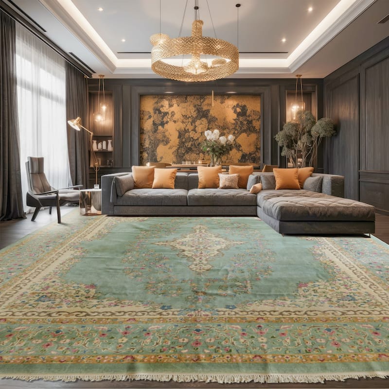 12x15 Hand Knotted Silk Sea Foam Plush Pile Kerman Traditional Rug - 12' x 15' - 12' x 15'