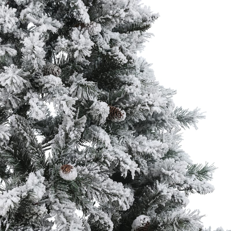 Snow-flocked 7ft Artificial Christmas Tree with 350 Clear LED Lights and Pinecones - 84" H x 49" Diameter