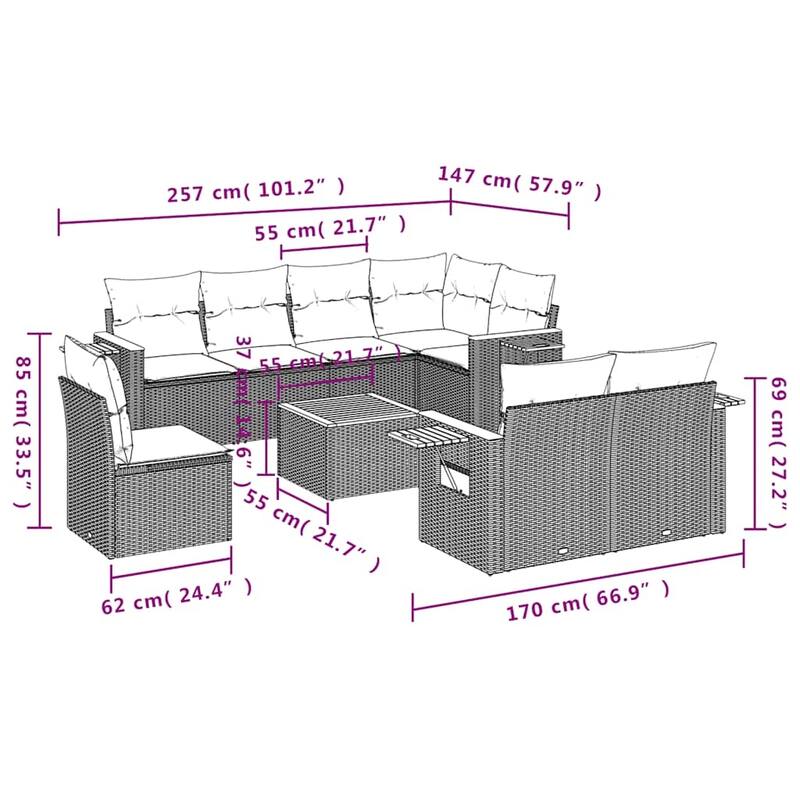 vidaXL 9 Piece Patio Sofa Set with Cushions Grey Poly Rattan (US only) - 101.2x33.5x66.9