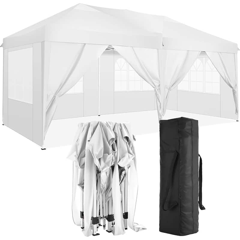 10'x20' Folding Canopy with 6 Removable Sidewalls Outdoor Event Shelter UPF 50+ Gazebo Portable Tents for Parties Beach Camping - White
