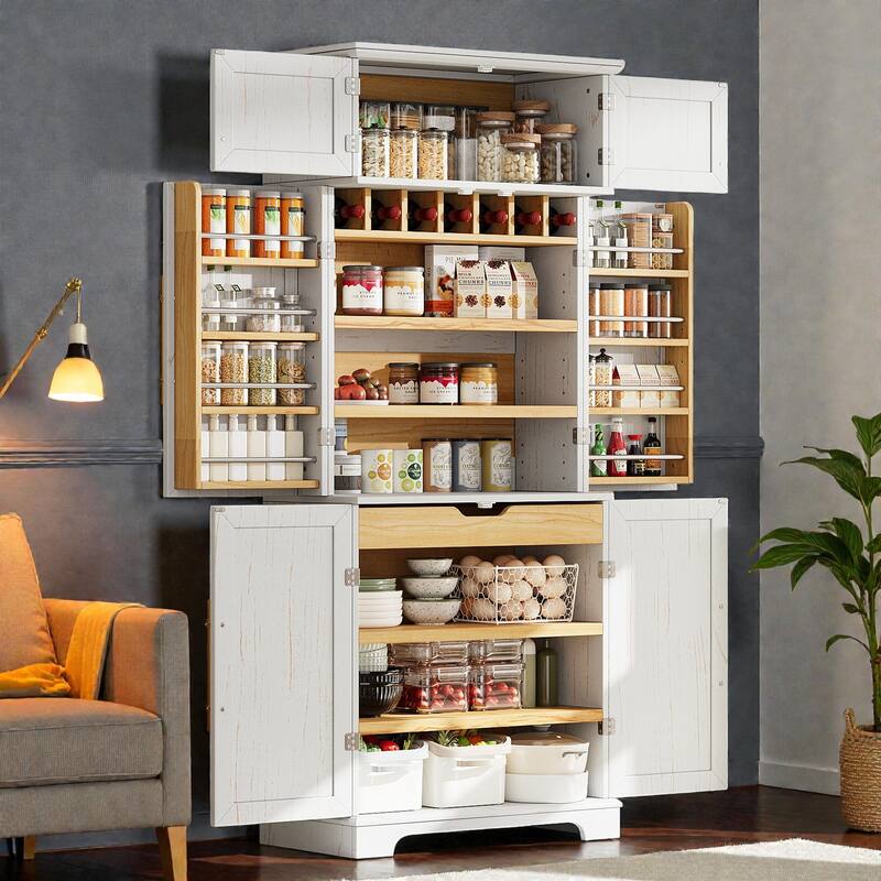 78.2" Farmhouse Kitchen Pantry Cabinet with 8 Door Shelves, Adjustable Shelves, Hidden Drawer and Wine Rack Storage
