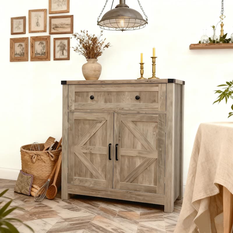 Anmytek Black Farmhouse Storage Cabinet with Drawer and Adjustable Shelf Barn Door Style for Bathroom and Kitchen