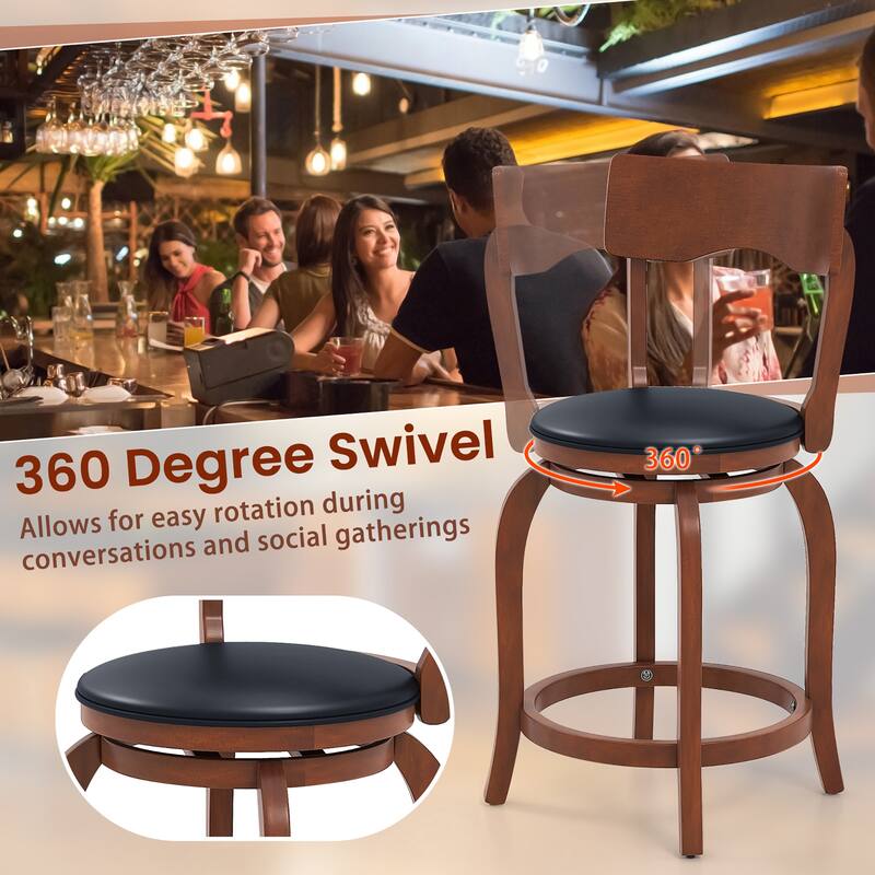 Gymax 24'' Swivel Bar Stools Set of 4 w/ Rubber Wood Frame Upholstered