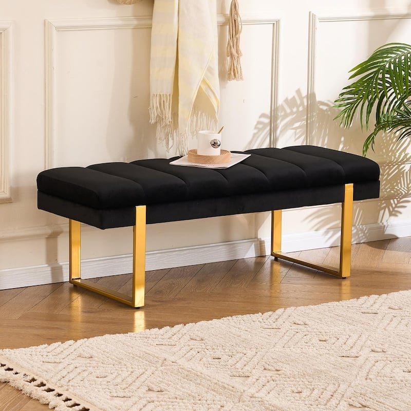 Upholstered Bedroom Bench Tufted Entryway Bench Modern End of Bed Bench Dining Bench with Gold/Black Metal Legs for Window