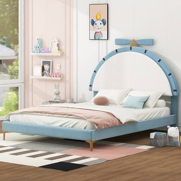 slide 2 of 6, Full Size Upholstered Platform Bed with Alarm Clock Shaped Velvet Headboard, Cute Bed Frame w/Wooden Slats Support for Kids,Blue Blue - Full