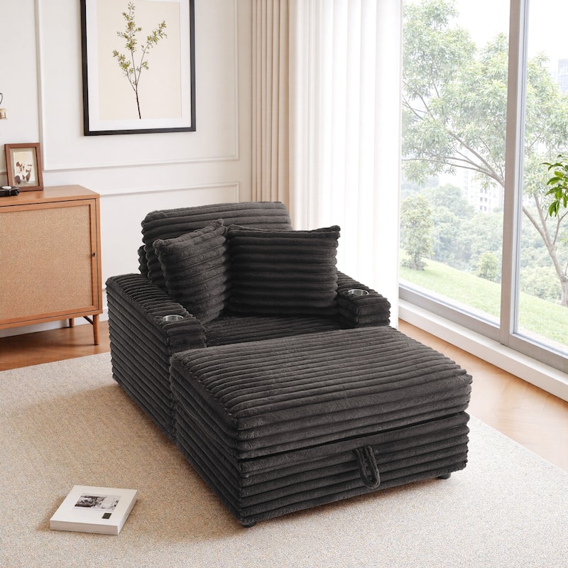 Modern Oversize Plush Corduroy Accent Chair Chaise Lounge with Storage Ottoman - Storage Ottoman - Chocolate Brown