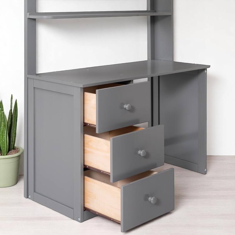Wooden Twin/Full Loft Bed with Built-in Desk, Wardrobe Closet & Storage Drawers, Guardrail Design