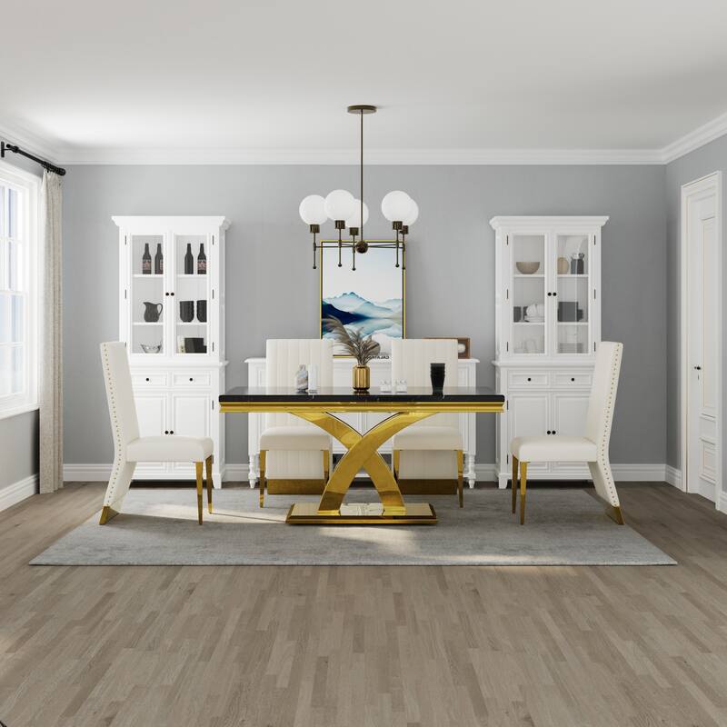 Stylish Modern X Cross Base Dining Room Table Set with Gold Dining Chairs