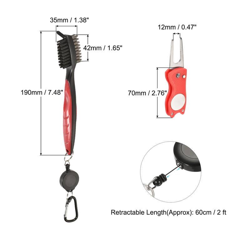 Golf Club Brush Dust Groove Cleaner w Extension Cord Clip Divot Tool - Red