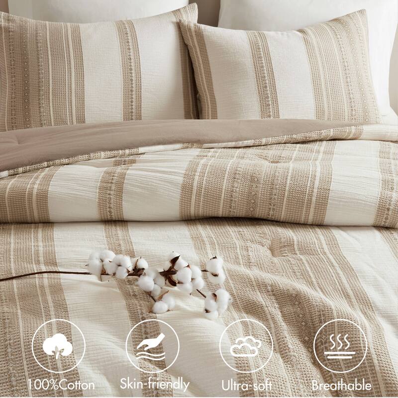 GDF Studio - Amara Textured Cotton Comforter 3-Piece Set with Waffle and Gauze Weave