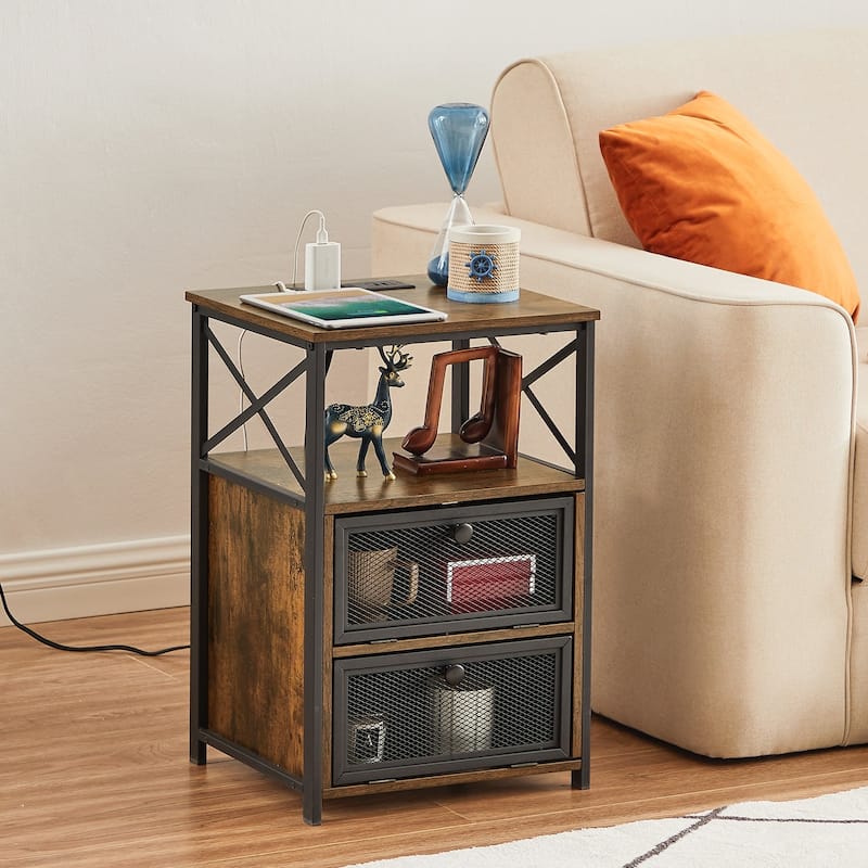 VECELO, Mid-century Modern Nightstand with Charging Station and USB Port