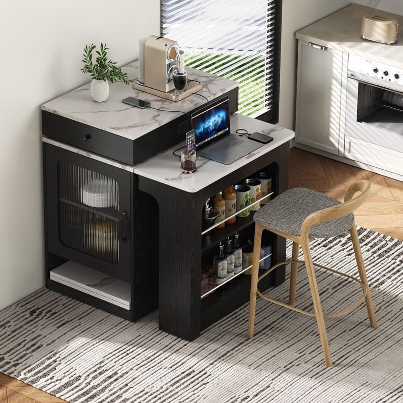 59.5" Kitchen Island with Extendable Dining Table Double-sided Storage and Built-in Power Outlet for Kitchen, Dining Room