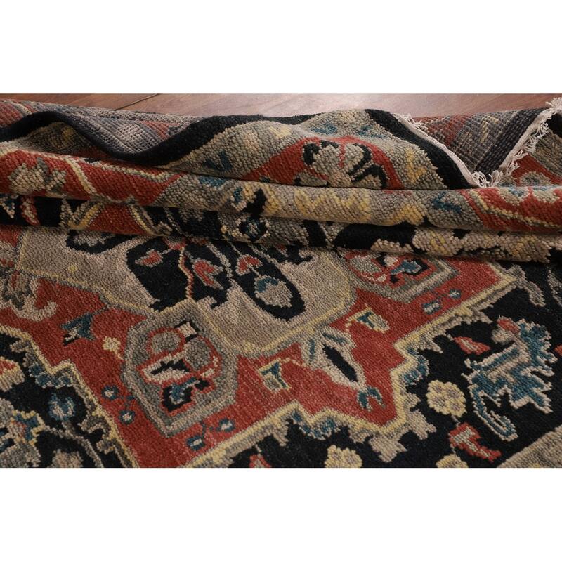 Black Geometric Heriz Serapi Indian Area Rug Hand-Knotted Wool Carpet - 7'11" x 9'9"