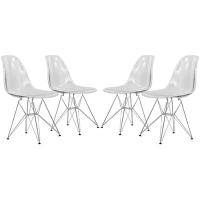 Cresco Collection Transparent Acrylic Chrome Eiffel Legs Set of 4 Modern Dining Chairs for Kitchen, Dining Room, and Home Office